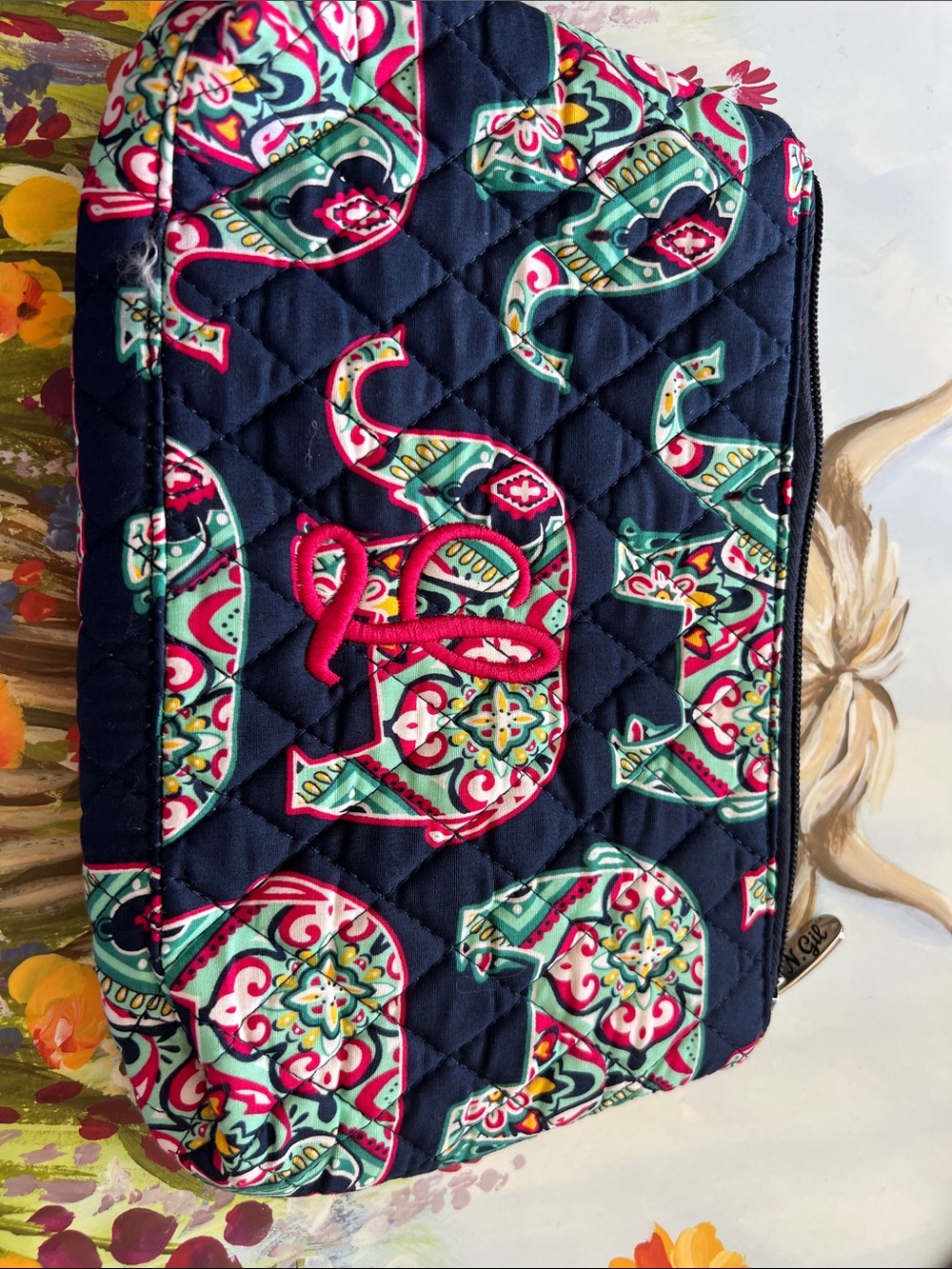 Navy Quilted Cosmetic Pouch with Pink & Teal elephants and an embroidered ”L”